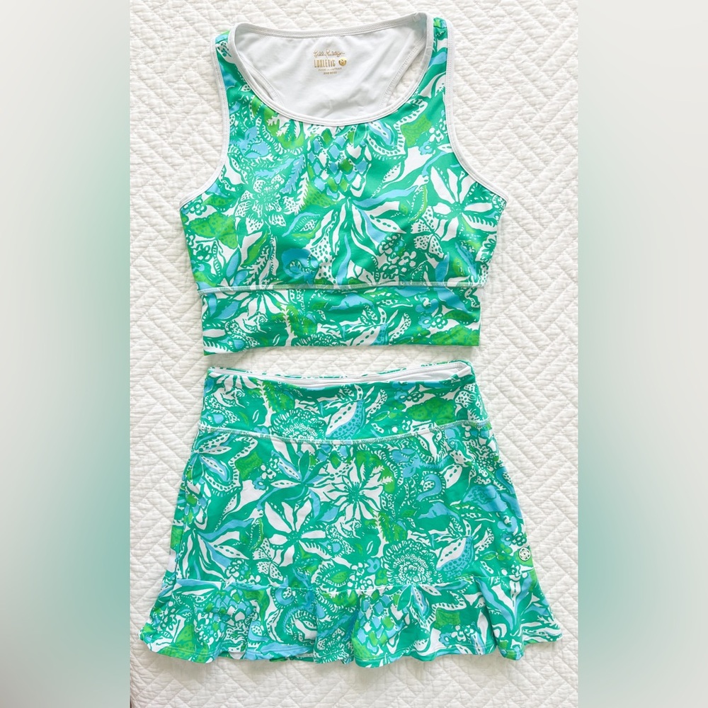 Lilly Pulitzer Green & Teal Floral Sports Bra with Skirt Set